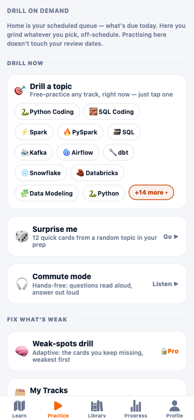 Practice tab — drill any topic on demand