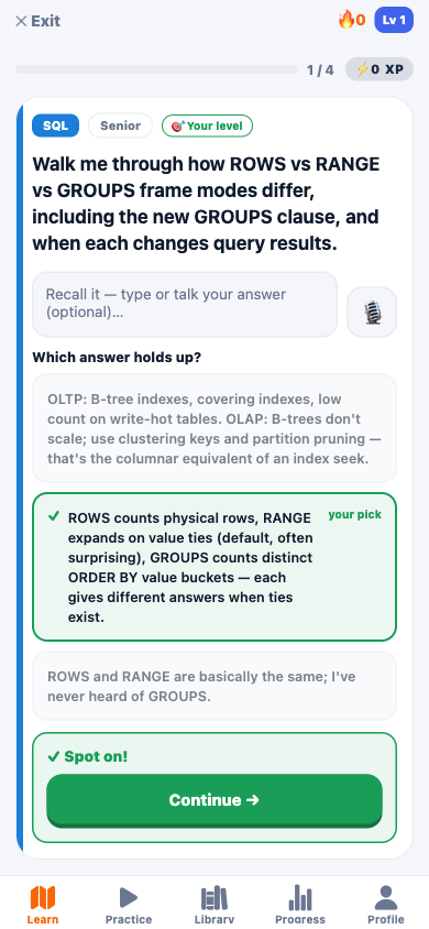 A senior SQL recall card, answered correctly